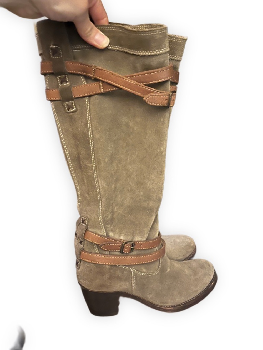 Frye Suede Harness Knee High Boots Olive Green Size 6 - Picture 3 of 11